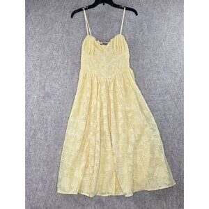 Yellow Embroidered Midi Dress With Spaghetti Straps & Sweetheart Neckline
